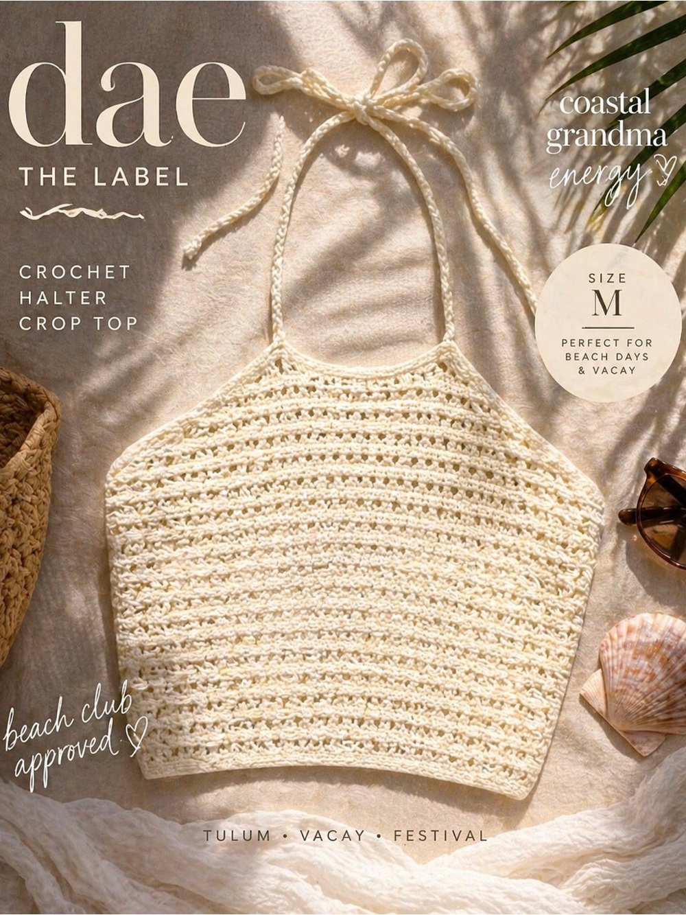 DAE THE LABEL Crochet Halter Crop Top Cream Boho Festival